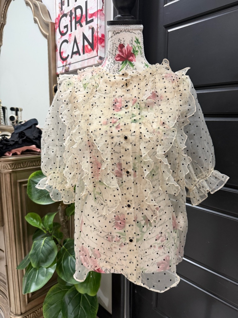 Zara Cream Sheer Polka Dot Blouse with Pink Floral Print - Picture 6 of 11